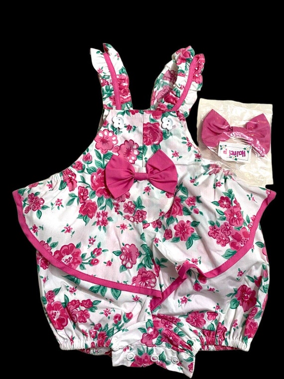 Vtg Baby Girl 3-6M Outfit Romper & Bow Set White … - image 1