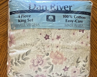 Vintage Dan River KING Sheet Set Beige Tan Floral All Cotton USA Cottagecore NEW