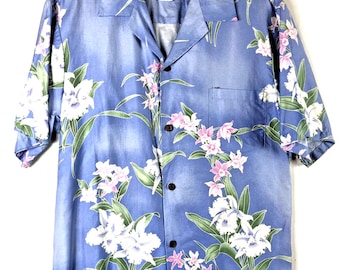 HRH His Royal Highness Shirt Large Mens Blue / Purple Floral Button Down Hawaii