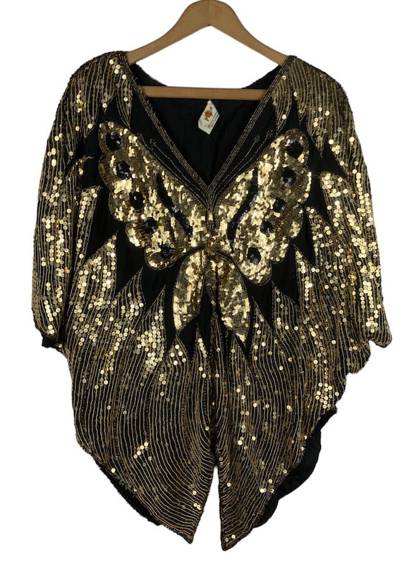Vintage 1960s Beaded Sequin Butterfly Poncho Top S