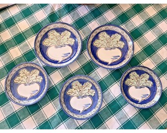Vintage Japan Japanese Turnip Radish Plates Set Lot 5 Blue White Nambeshima 5"