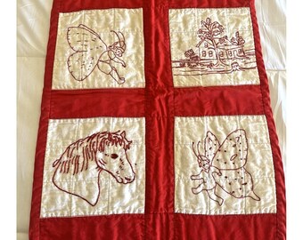 Vintage Quilting Embroidered Quilt Table Square Wall Hanging Horse Fairy Cottage
