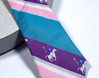 Vintage Polo Player Tie Necktie 80s Pink Purple Teal Repp Stripe Silk Preppy
