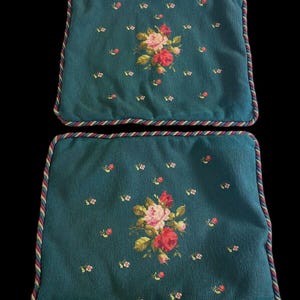 Vintage Needlepoint Pillow Covers Shams Green Floral GORGEOUS Plaid Back 17x20&quot;