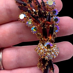 Vintage Brooch Amber & Topaz Rhinestone Bouquet of Flowers Wheat Stalk 1950s 3&quot;