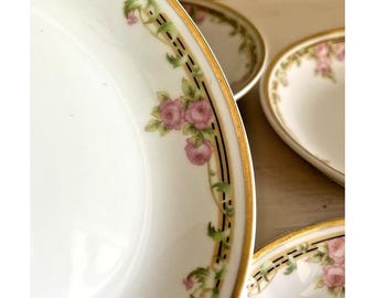 Antique Limoges Elite Works Berry Dessert Bowls Set Lot 6 Roses Gold Victorian