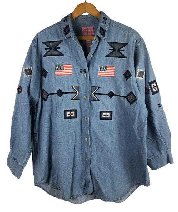 Embroidered Patchwork Denim Chambray Shirt America
