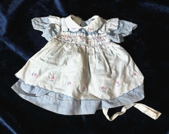 Vintage Joyeux Gamins Dress Baby Girl 24M Smocked Smocking Blue White Pink Roses