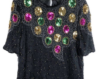 Vtg 1970s Laurence Kazar Silk Beaded Evening Wear Top Party Cocktail Fits Large