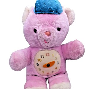 Vtg Animal Fair Clock Bear Purple Pink Blue Hat Cap RARE 70s 80s Plush Stuffed