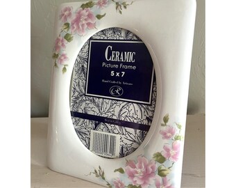 Cadre photo vintage en céramique blanc rose floral 5 x 7 Cottagecore Grannycore Sweet