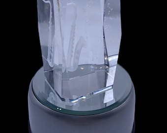 Saxophone 3D Laser Hologram Glass Cube on Revolving Stand Cord Plug In Musicd