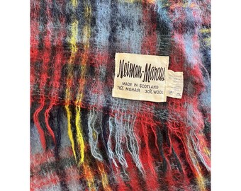 Vintage Neiman Marcus Mohair Wool Blanket Throw Plaid Fringe Made in Scotland