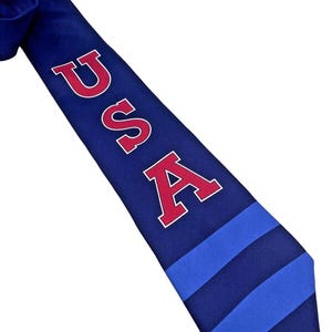 Vintage Chaps Ralph Lauren USA Tie Necktie Silk Blue Stripe XL Spell Out RARE