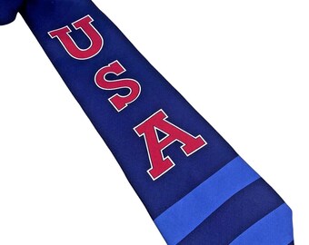 Vintage Chaps Ralph Lauren USA Tie Necktie Silk Blue Stripe XL Spell Out RARE