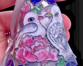 Cloisonne Bell Enamel Love Birds Blue & White Decor Vintage Shelf Bridal Shower