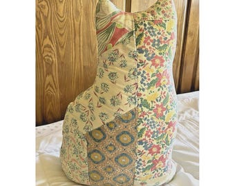 Vintage Quilt Cutter Cat Stuffed Animal Pillow Quilted Scrap Fabrics Cottagecore