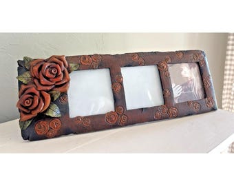 Collage Photo Picture Frame Raised Rose Floral Country Western Southwestern 17"