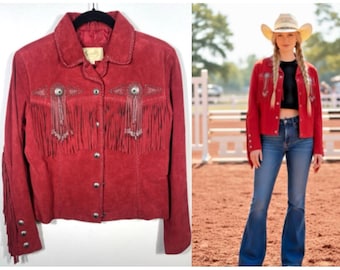 Scully Red Suede Leather Jacket Fringe Concho Beaded Medium Womens Western Wear