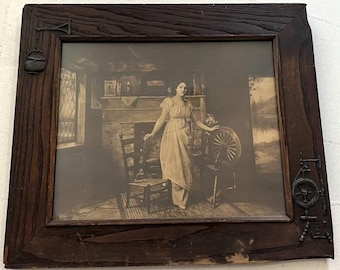 Antique Photo Photograph in Old Frame Carved Wood Spinning Wheel 1900s Primitive