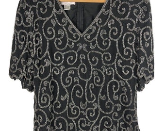 Vintage 1970s Laurence Kazar Beaded Evening Top Black Silver Holiday Party M L