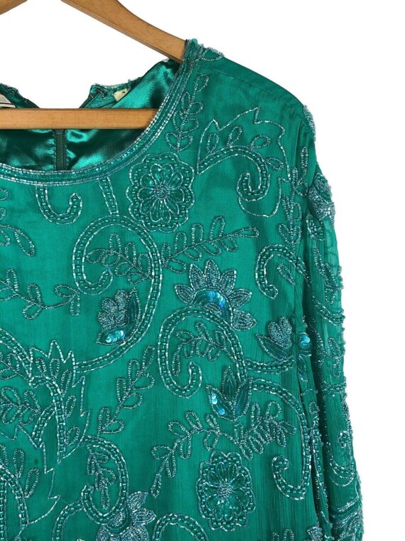 Vintage 1980s Beaded Evening Top Green Heavily Em… - image 3