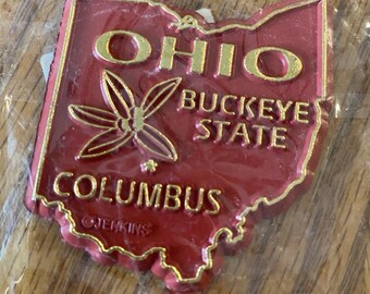 Ohio Magnet Buckeye State Columbus rouge caoutchouc vintage des années 90 Souvenir NEUF 5 x 5 cm