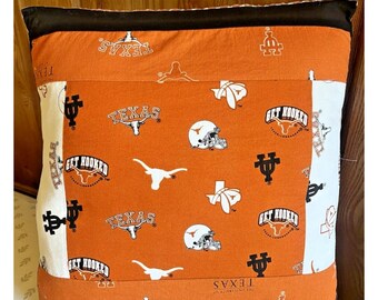 University of Texas Throw Pillow Handmade Quilted Longhorns Dorm Man Cave 12x12"