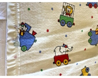 Vintage Baby Blanket Satin Edge Circus Animal Elephant Babar ? Charles Owens 80s