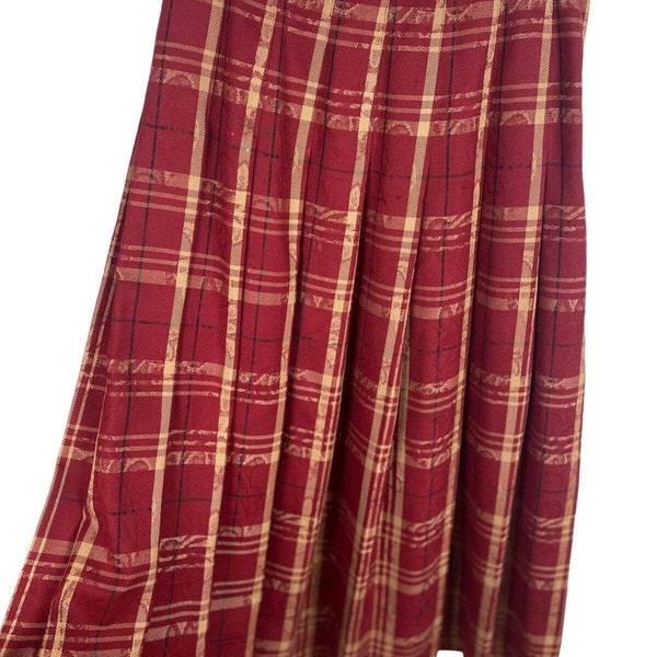 Pendleton Plaid Maxi Skirt 8 Deep Red Tan Floral Long Pleated Vtg Wool Academia