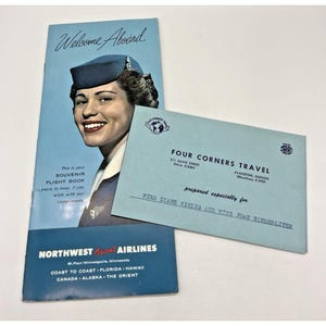 May include: Vintage Northwest Orient Airlines souvenir flight book and envelope. The light blue booklet features a smiling woman in a flight attendant uniform. The envelope is addressed to two women and includes the Four Corners Travel logo.