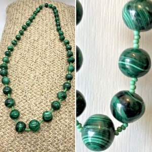 Vtg Malachite Beaded Necklace Graduated Dark Green / Mint Stripe Beads Strand