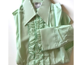 Vintage New Old Stock 1970s Ruffled Tuxedo Shirt After Six Green 15 / 33 Disco