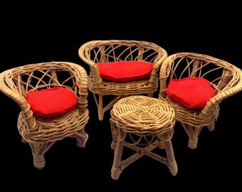 Vintage 4 Piece Dollhouse Miniature Brown Tan Wicker Rattan Patio Furniture Set