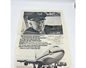 Vintage Delta Airplane Airlines Ad Advertising Paul Bennett 747 Captain 1970s