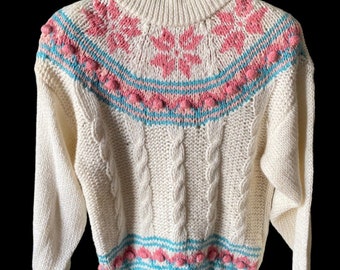 Vtg Hand Knit Sweater Medium White Fairy Kei Turtleneck Pink Nordic Cable Knit