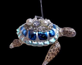 Ornement de Noël tortue de mer Bijou en verre au mercure incrusté Beachy Ocean Life 5 po.