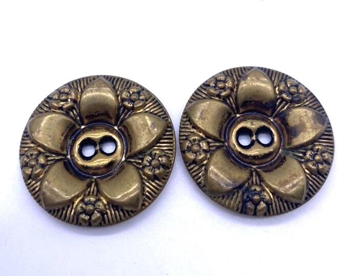 Vintage Buttons Set 2 Large Bronze Gold Flower Round 1" Molded Raised ...