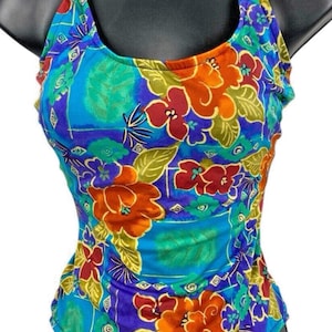 Vintage 80s 90s Swimsuit One Piece Lands End Open Back Shiny Floral Size 8 USA