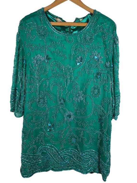 Vintage 1980s Beaded Evening Top Green Heavily Em… - image 1