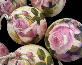 Romantic Roses Christmas Ornaments Set Lot 7 Balls Shabby Pink Floral Victorian
