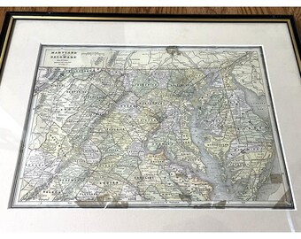 Mapa antiguo de época de Maryland y Delaware Geo F Cram enmarcado con paspartú, década de 1800.