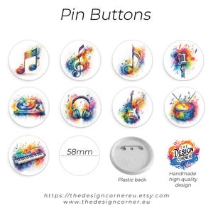 Music Pin Buttons 58mm, Colorful Music Lover Badges, Treble Clef, Headphones, Guitar, Drum, Microphone & More