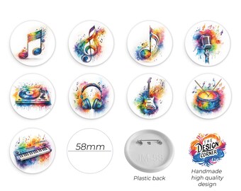 Music Pin Buttons 58mm, Colorful Music Lover Badges, Treble Clef, Headphones, Guitar, Drum, Microphone & More
