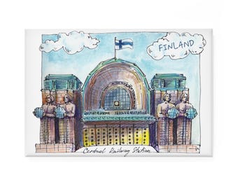 Helsinki Magnet | Finland | Central Railway Station | Watercolor Based Art | Suomi Magnets | Rectangular Fridge Magnets | Kitchen Decor