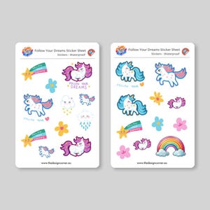 Adesivi Unicorni Segui i Tuoi Sogni (x22) / Fogli di Adesivi (x2) / Set di Adesivi per Bambini / Impermeabili / Fatti a Mano / Regalo