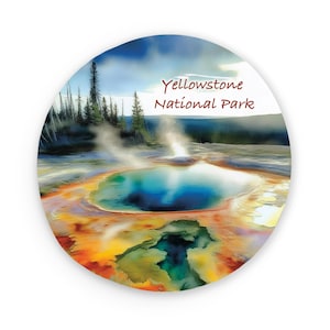 Yellowstone Metall runder Magnet | Nationalpark | Aquarell Basierte Kunst | USA Magnete | Kühlschrankmagnete | Küchen Dekor