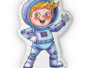 Astronaut Boy Custom Shaped Pillow, Blonde, Space Theme Room Decor, Personalized Nursery Pillow, Kids Bedroom Accent, Rocket Ship Cushion