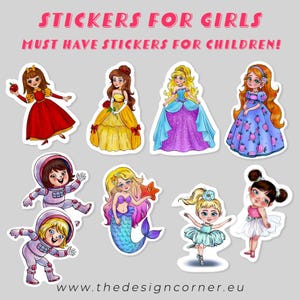 Pegatinas para niñas: princesa, sirena, astronauta, bailarina. Impermeables, juguetes, botellas de agua, planificadores y diarios infantiles.