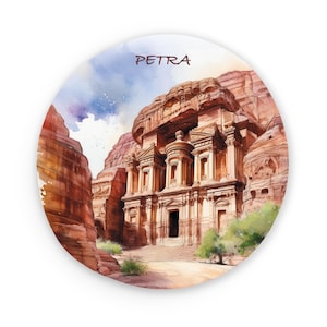 Petra Metal Round Magnet | Watercolor Based Art | Raqmu Jordan Magnets | Fridge Magnets | Kitchen Decor | History | Archaeology